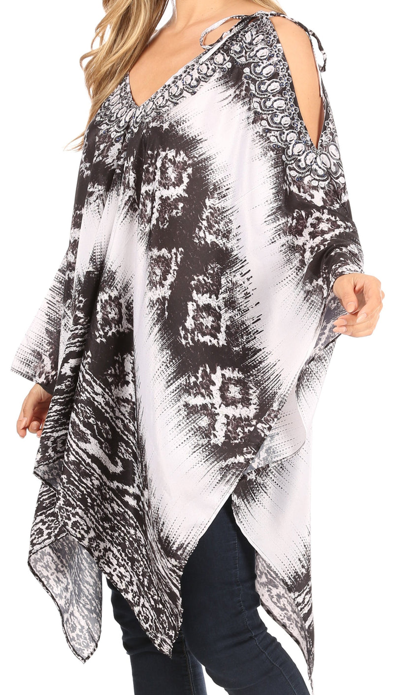 Sakkas Zula Sleeveless Asymetrical Top Blouse with Colorful Print and Rhinestones