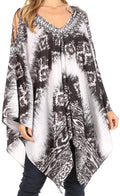 Sakkas Zula Sleeveless Asymetrical Top Blouse with Colorful Print and Rhinestones#color_17239-Black-White