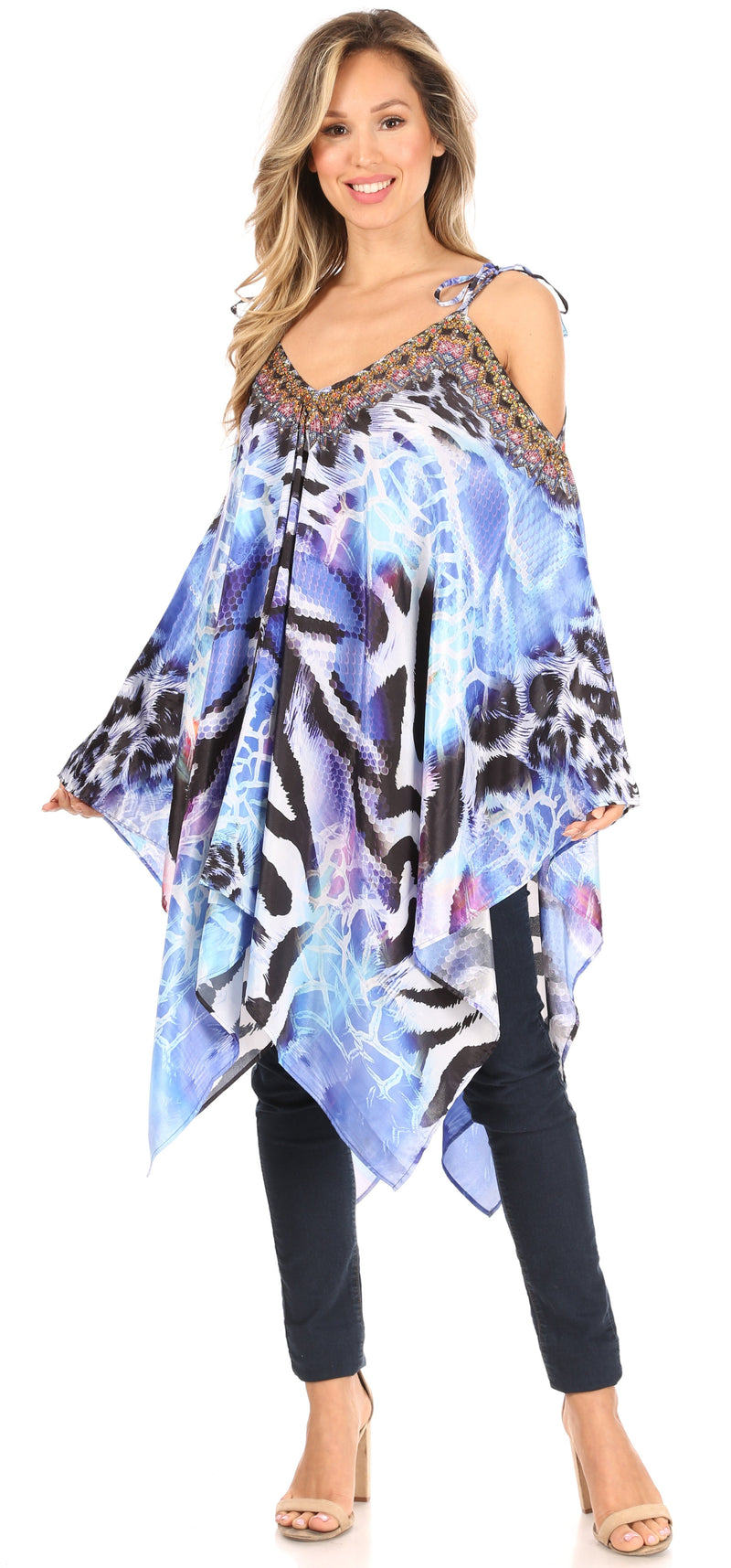 Sakkas Zula Sleeveless Asymetrical Top Blouse with Colorful Print and Rhinestones
