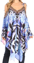 Sakkas Zula Sleeveless Asymetrical Top Blouse with Colorful Print and Rhinestones#color_17240-Blue-Black