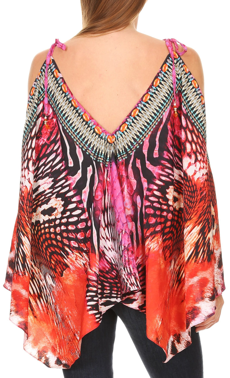 Sakkas Zula Sleeveless Asymetrical Top Blouse with Colorful Print and Rhinestones