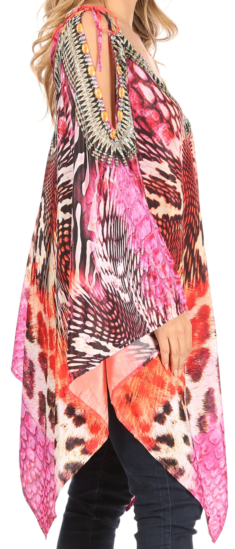 Sakkas Zula Sleeveless Asymetrical Top Blouse with Colorful Print and Rhinestones