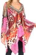 Sakkas Zula Sleeveless Asymetrical Top Blouse with Colorful Print and Rhinestones#color_17241-Pink-orange