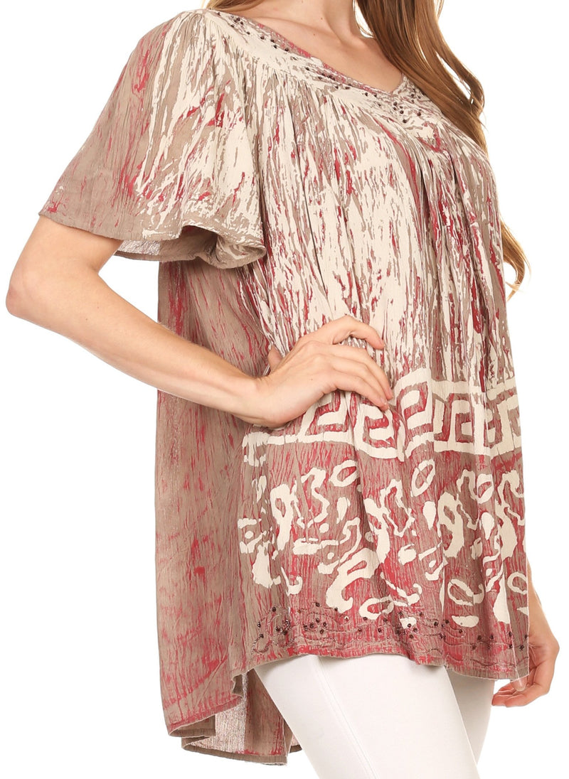 Sakkas Audry Flutter Sleeve V-Neck Batik Top with Sequins and Embroidery