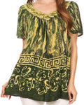 Sakkas Audry Flutter Sleeve V-Neck Batik Top with Sequins and Embroidery#color_Green