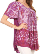 Sakkas Audry Flutter Sleeve V-Neck Batik Top with Sequins and Embroidery