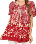 Sakkas Audry Flutter Sleeve V-Neck Batik Top with Sequins and Embroidery#color_Red