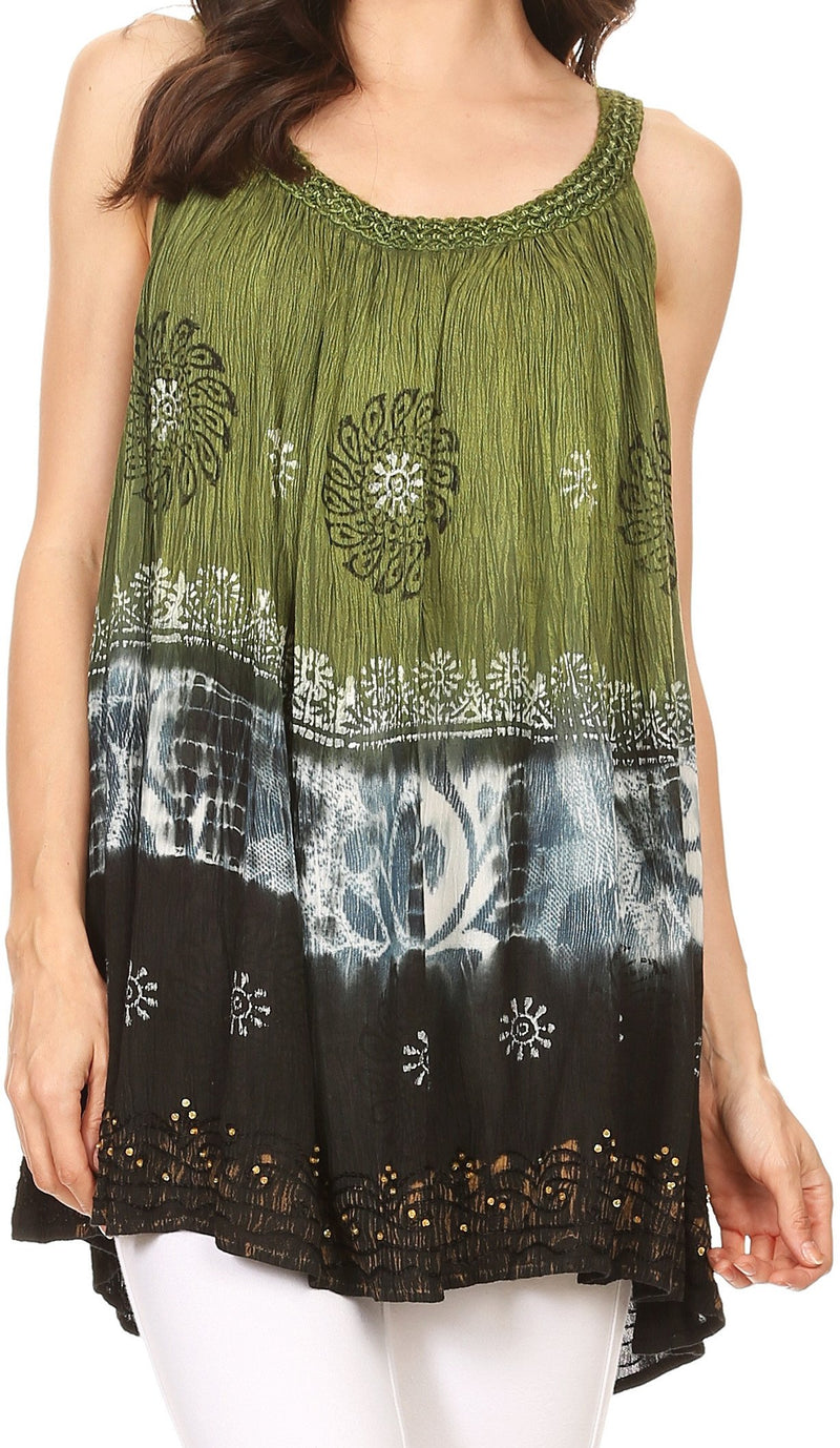 Sakkas Cecily Crinkle Floral Batik Tank with Sequins and Embroidery