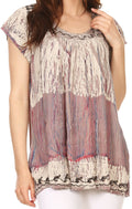 Sakkas Maritza Short Sleeve Batik Top with Crochet Embroidery and Sequins#color_Brown 