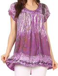 Sakkas Maritza Short Sleeve Batik Top with Crochet Embroidery and Sequins#color_Purple
