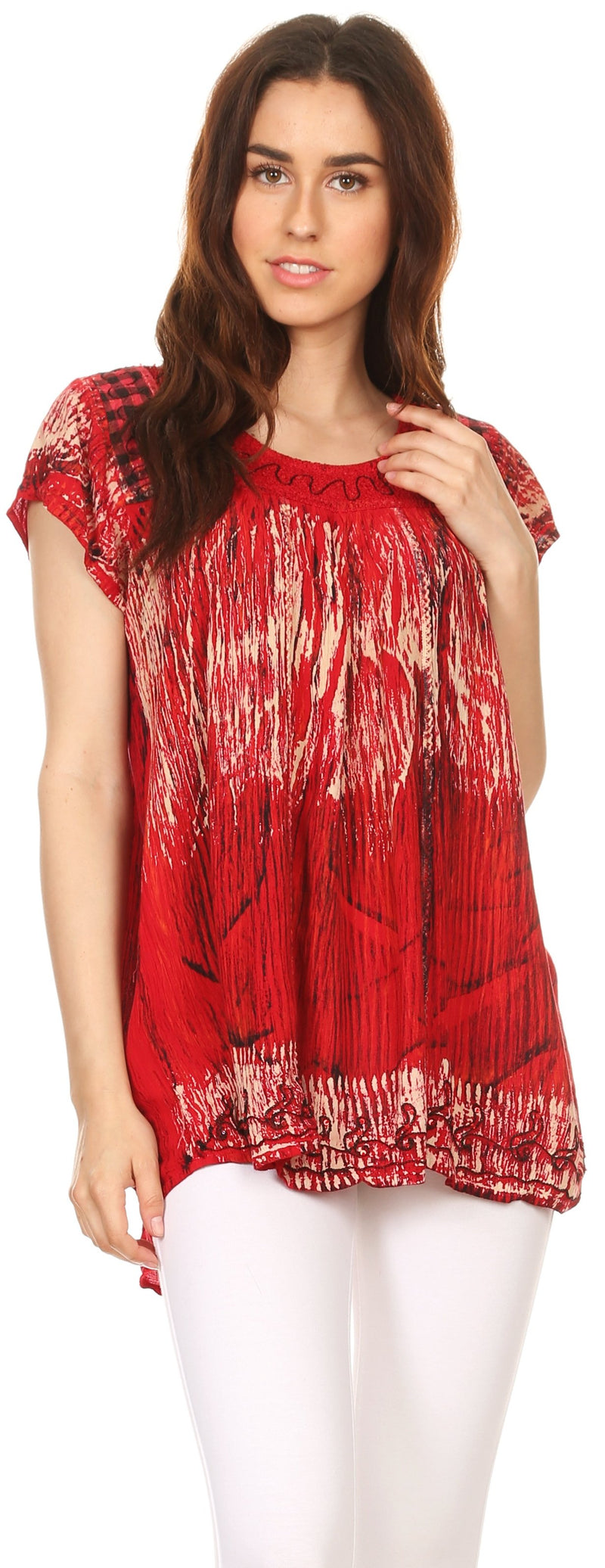 Sakkas Maritza Short Sleeve Batik Top with Crochet Embroidery and Sequins