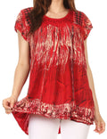 Sakkas Maritza Short Sleeve Batik Top with Crochet Embroidery and Sequins#color_Red 
