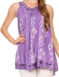 Sakkas Leila Stonewashed Batik V-Neck Tank with Sequins and Embroidery#color_Purple