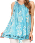 Sakkas Leila Stonewashed Batik V-Neck Tank with Sequins and Embroidery#color_Turquoise
