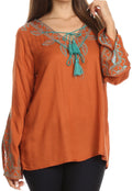 Sakkas Kile Bell Long Sleeved Embroidered Tassel V Neck Tie Wide Blouse Shirt Top#color_Brown