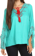 Sakkas Kile Bell Long Sleeved Embroidered Tassel V Neck Tie Wide Blouse Shirt Top#color_Turquoise