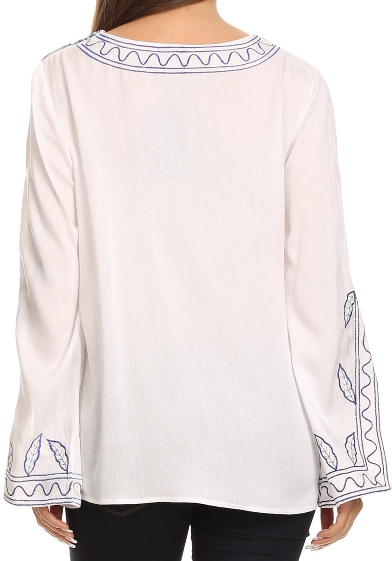 Sakkas Kile Bell Long Sleeved Embroidered Tassel V Neck Tie Wide Blouse Shirt Top