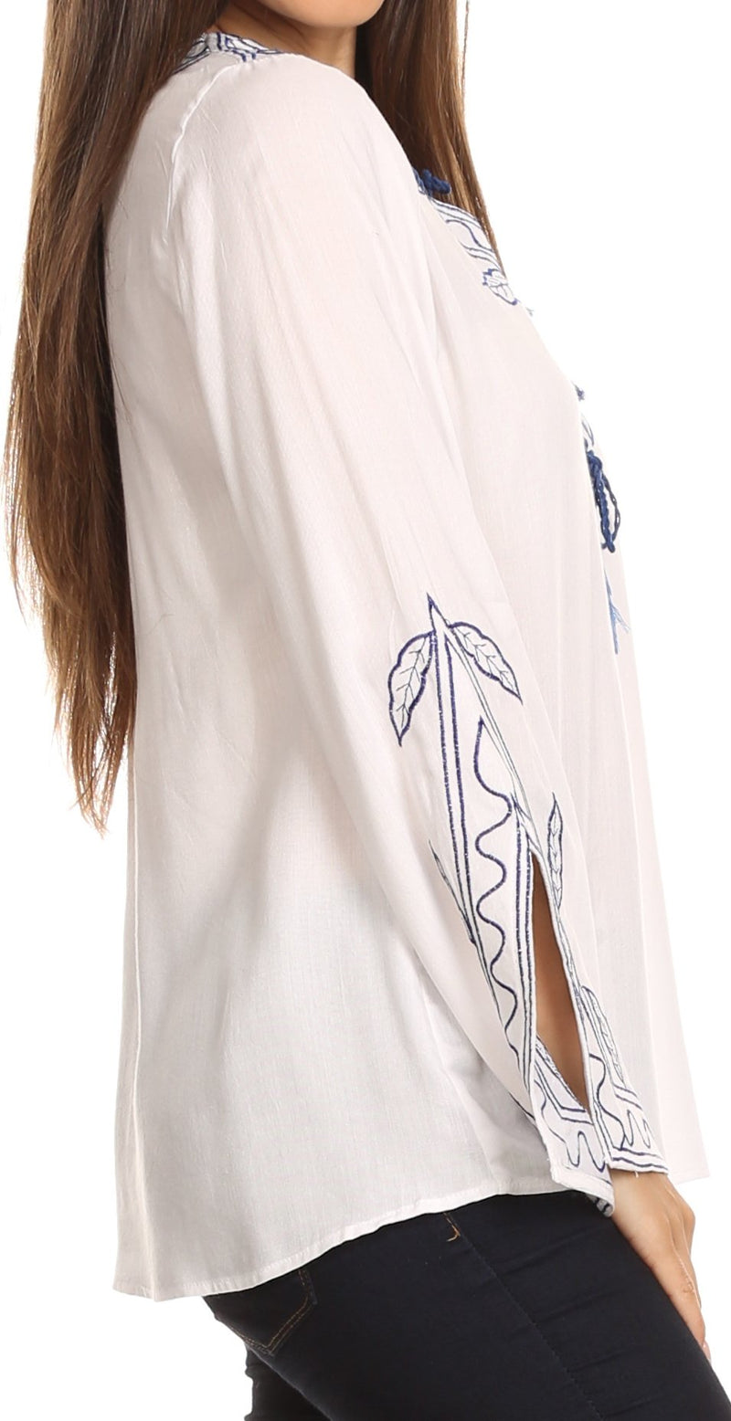 Sakkas Kile Bell Long Sleeved Embroidered Tassel V Neck Tie Wide Blouse Shirt Top