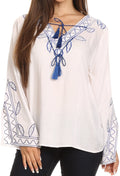 Sakkas Kile Bell Long Sleeved Embroidered Tassel V Neck Tie Wide Blouse Shirt Top#color_White