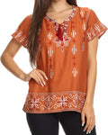 Sakkas Jile Wide Boxy Embroidered Short Sleeve Tassel Tie Top Shirt Tunic Blouse#color_Brown