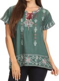 Sakkas Jile Wide Boxy Embroidered Short Sleeve Tassel Tie Top Shirt Tunic Blouse#color_Green