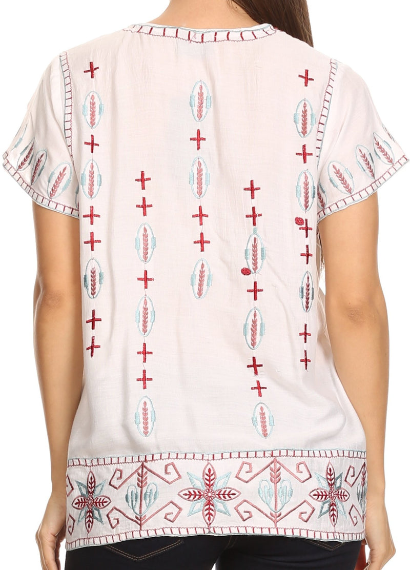 Sakkas Jile Wide Boxy Embroidered Short Sleeve Tassel Tie Top Shirt Tunic Blouse