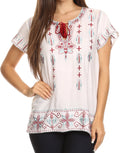 Sakkas Jile Wide Boxy Embroidered Short Sleeve Tassel Tie Top Shirt Tunic Blouse#color_White