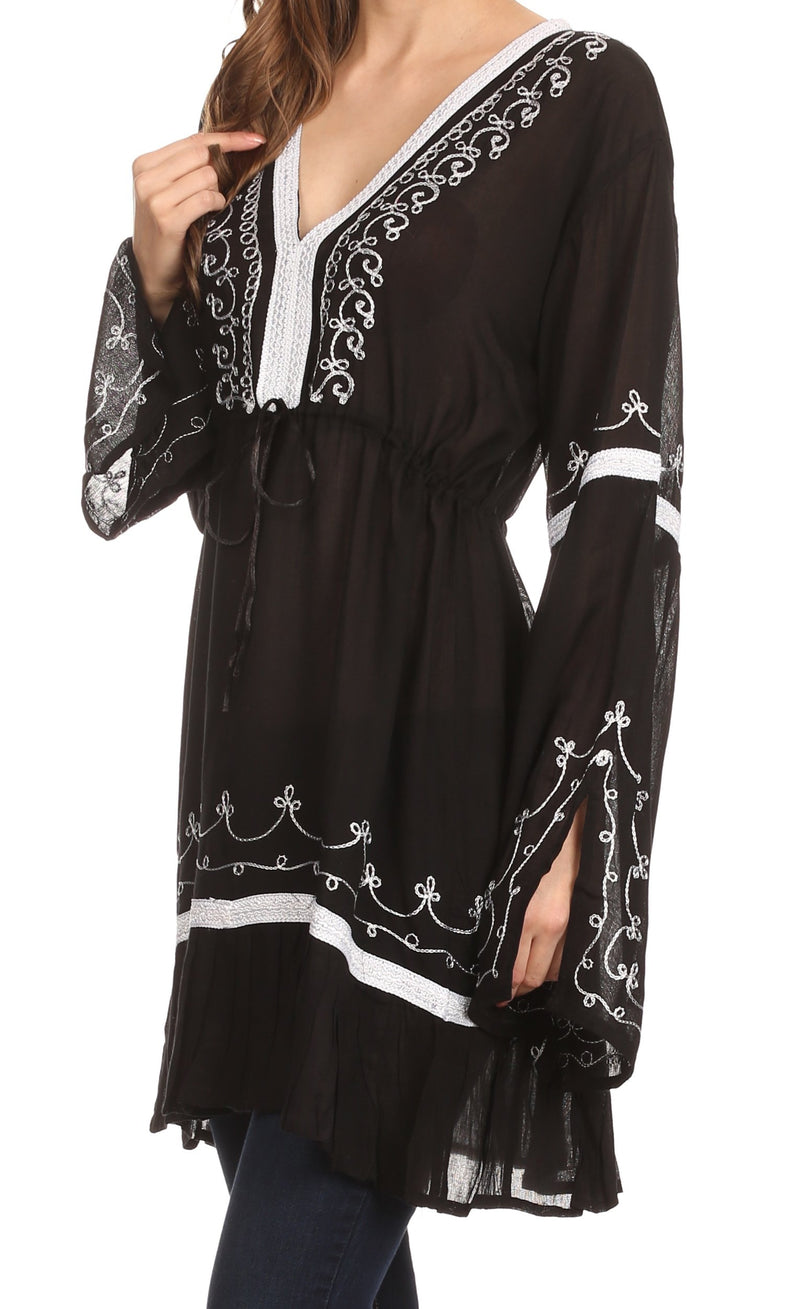 Sakkas Melina Embroidered V-Neck Kimono Sleeves Rayon Tunic Blouse / Cover-up