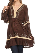 Sakkas Melina Embroidered V-Neck Kimono Sleeves Rayon Tunic Blouse / Cover-up#color_Brown
