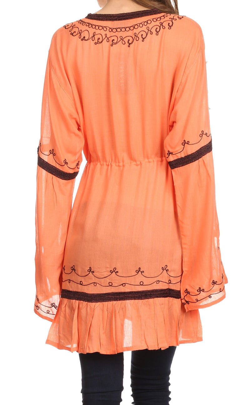 Sakkas Melina Embroidered V-Neck Kimono Sleeves Rayon Tunic Blouse / Cover-up