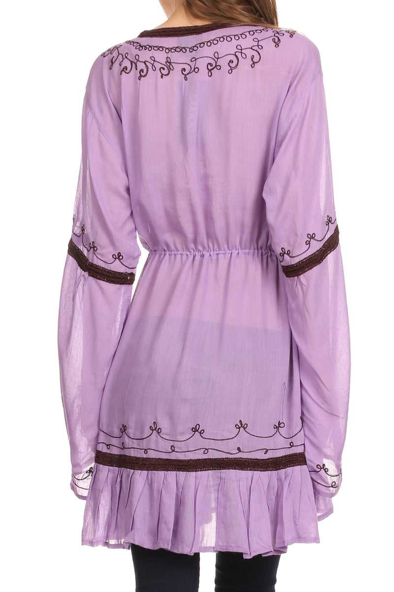 Sakkas Melina Embroidered V-Neck Kimono Sleeves Rayon Tunic Blouse / Cover-up