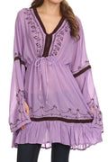 Sakkas Melina Embroidered V-Neck Kimono Sleeves Rayon Tunic Blouse / Cover-up#color_Lilac