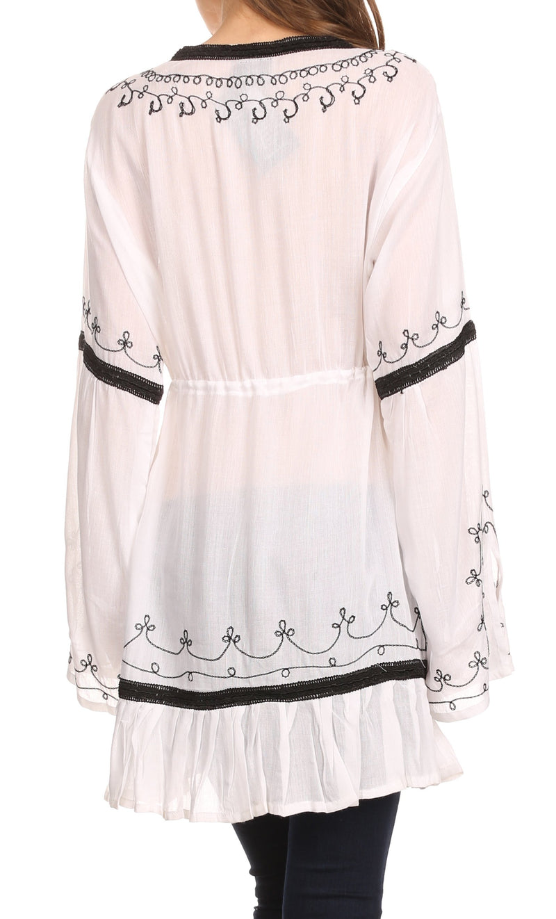 Sakkas Melina Embroidered V-Neck Kimono Sleeves Rayon Tunic Blouse / C