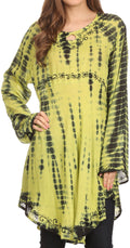 Sakkas Arissa Long Sleeved Tunic Blouse Embroidered Tie Dye Circle Dress / Cover Up#color_Black/Green