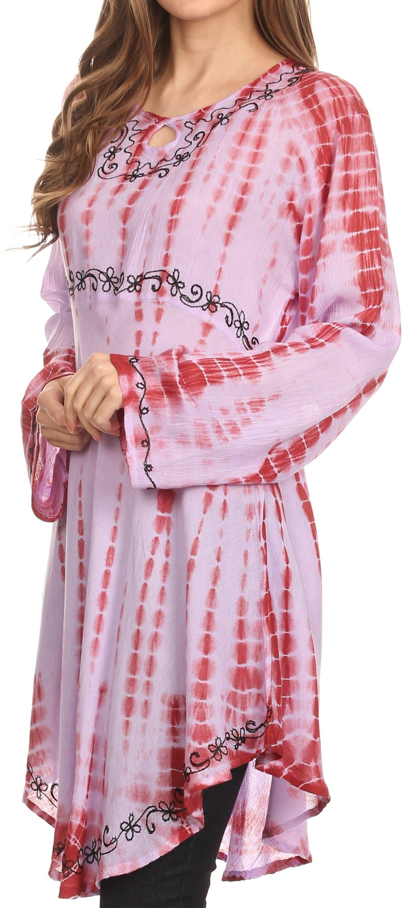 Sakkas Arissa Long Sleeved Tunic Blouse Embroidered Tie Dye Circle Dress / Cover Up