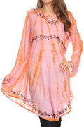 Sakkas Arissa Long Sleeved Tunic Blouse Embroidered Tie Dye Circle Dress / Cover Up#color_Orange/Pink