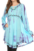 Sakkas Arissa Long Sleeved Tunic Blouse Embroidered Tie Dye Circle Dress / Cover Up#color_Violet/Turquoise