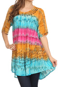 Sakkas Adela Batik Embroidered Tie Dye Sleevess Relaxed Fit Rayon Blouse / Top#color_Beige