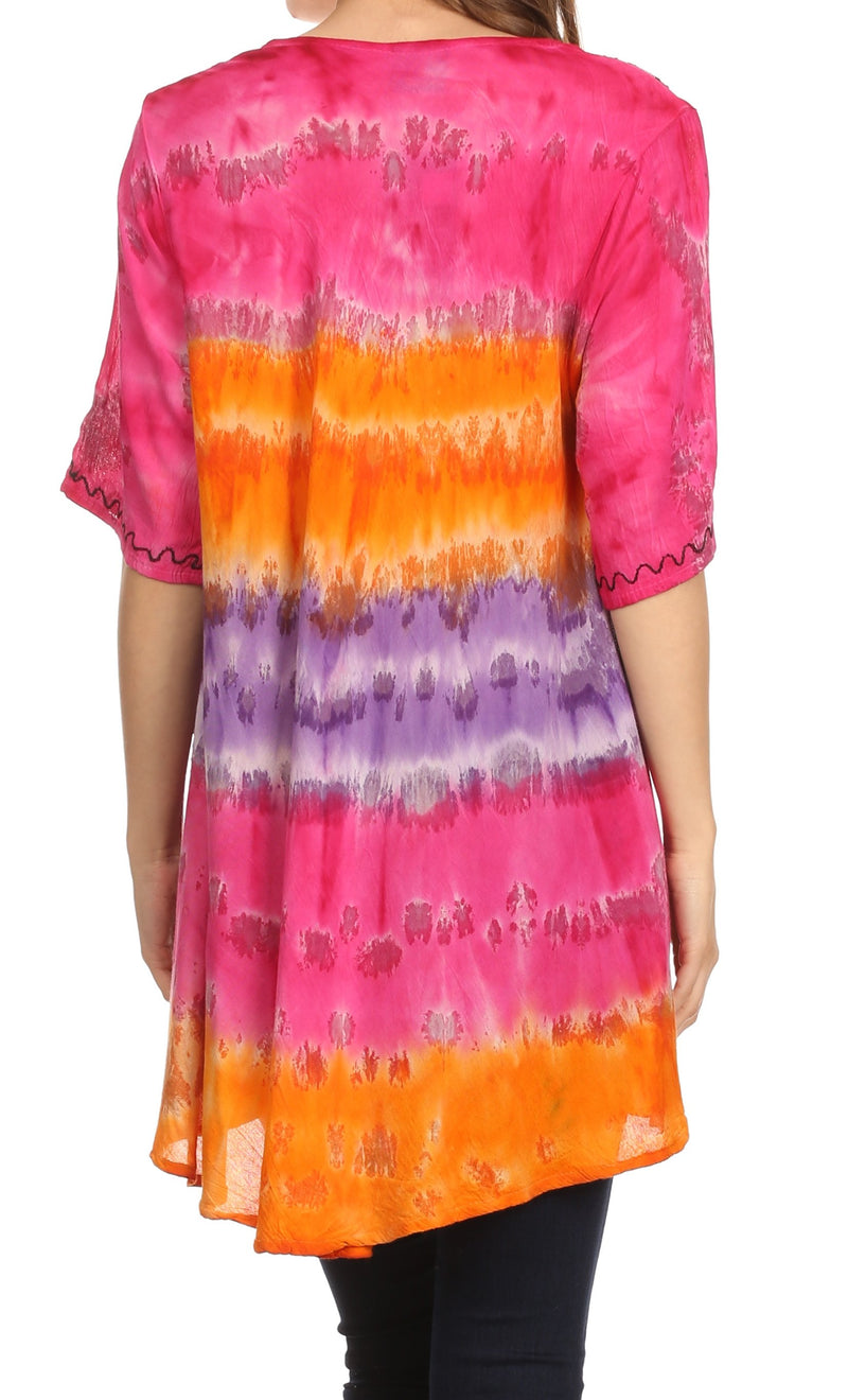 Sakkas Adela Batik Embroidered Tie Dye Sleevess Relaxed Fit Rayon Blouse / Top