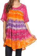 Sakkas Adela Batik Embroidered Tie Dye Sleevess Relaxed Fit Rayon Blouse / Top#color_Fuchsia