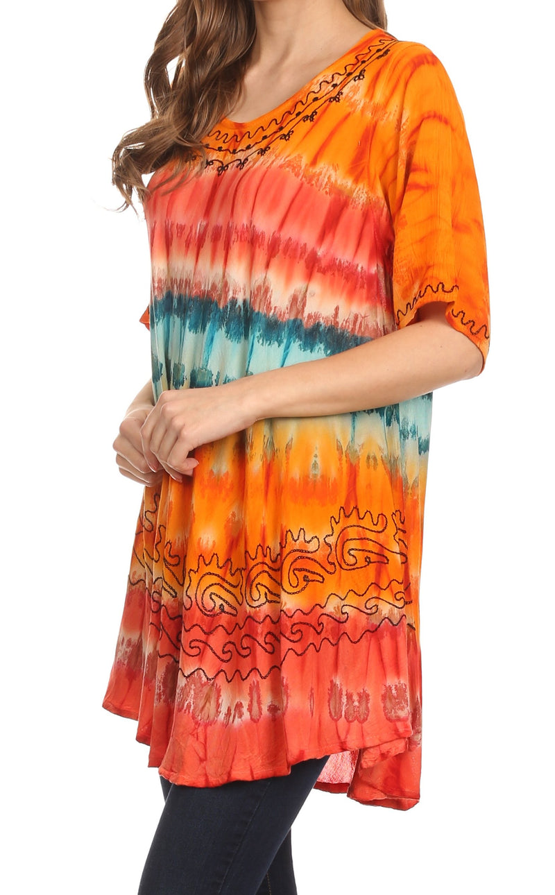 Sakkas Adela Batik Embroidered Tie Dye Sleevess Relaxed Fit Rayon Blouse / Top