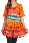 Sakkas Adela Batik Embroidered Tie Dye Sleevess Relaxed Fit Rayon Blouse / Top#color_Orange