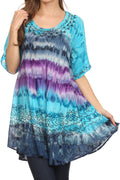 Sakkas Adela Batik Embroidered Tie Dye Sleevess Relaxed Fit Rayon Blouse / Top#color_Turquoise