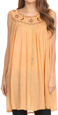 Sakkas Holli Tall Long Embroidered Sleeveless Blouse With Floral Design Accents#color_Beige