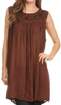 Sakkas Holli Tall Long Embroidered Sleeveless Blouse With Floral Design Accents#color_Brown