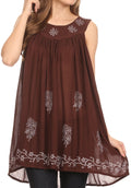 Sakkas Halia Sleeveless Floral Printed Blouse Top With Drop Neck And Draped Fit#color_ Brown