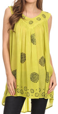 Sakkas France Sleeveless Drop V-Neck Circle Blouse with Floral Print Designs#color_Green
