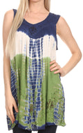 Sakkas Mariah Tie Dye Embroidered Sleeveless V-neck Relaxed Fit Tank / Blouse#color_Blue/Green
