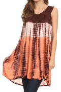 Sakkas Mariah Tie Dye Embroidered Sleeveless V-neck Relaxed Fit Tank / Blouse#color_ Brown / Peach