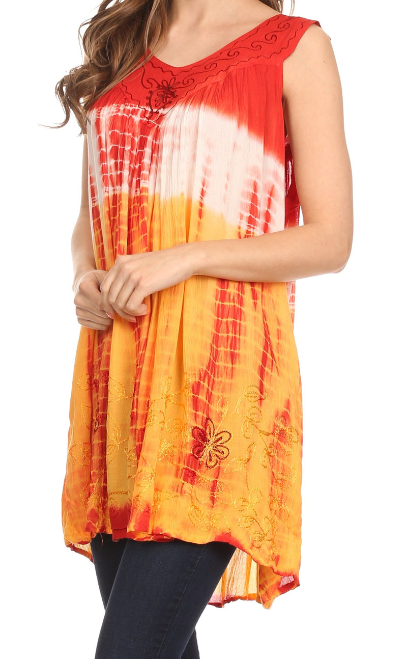 Sakkas Mariah Tie Dye Embroidered Sleeveless V-neck Relaxed Fit Tank / Blouse